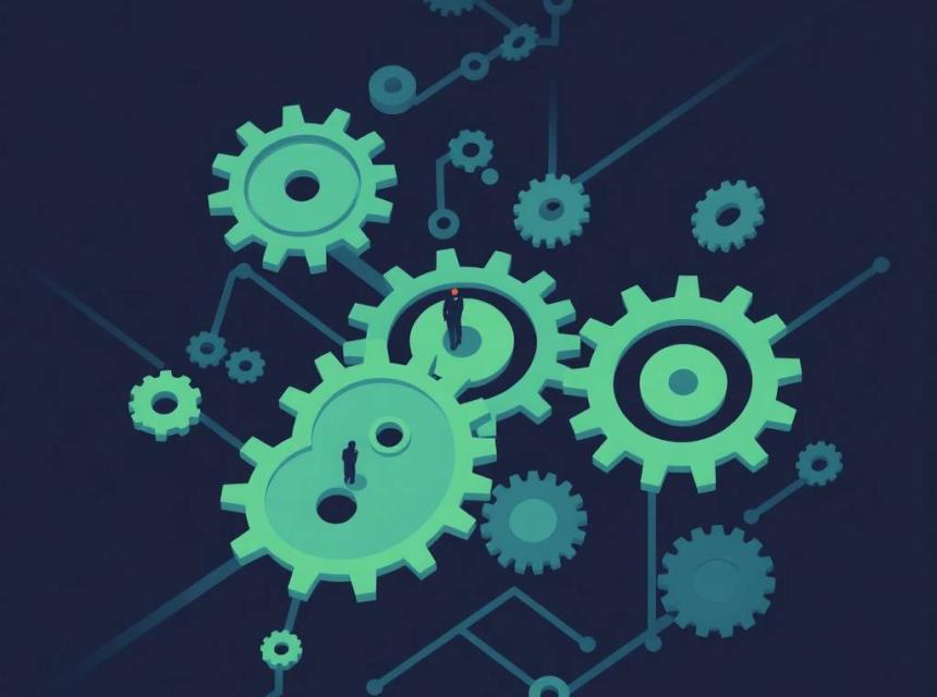 Illustration showing the flow of IXP mentorship process through automated steps, represented by connected gears with human figures collaborating around them